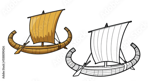 Egyptian Reed Boat Coloring Page with Detailed Colored and Outline Ancient Ships