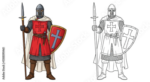 Crusader General Coloring Page for Kids Dual Colored and Outline Battle Attire