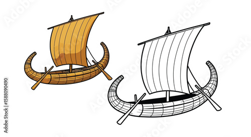 Egyptian Reed Boat Coloring Page for Kids Colored and Outline Nile River Vessels