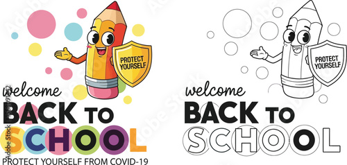 Colorful cartoon illustration welcomes students back to school safely during the pandemic.