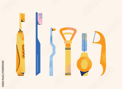 Dental hygiene tools set toothbrush, floss, interdental brush, tongue scraper. Flat vector illustration in cartoon style. Dental care and hygiene concept