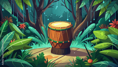 A classical drum sits in a rain-drenched jungle, surrounded by vibrant, green foliage and droplets.