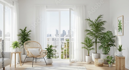 Sunlit apartment interior with abundant potted plants, wicker chair, and city view from balcony doors.