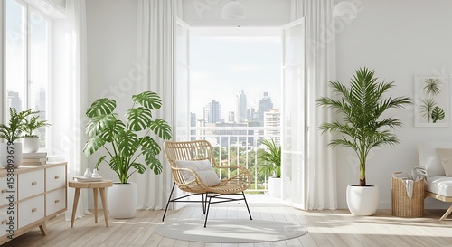 Serene Living Room with City View, Natural Light and Indoor Plants, A Bright and Airy Interior Design with a Balcony View of the City Skyline