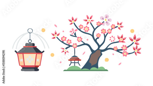 Illustration of japanese cherry blossom tree with lanterns and flower petals vector art design