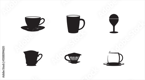 icon pack features minimal black silhouettes of a coffee cup with a saucer, a herbal tea glass, a to-go cup, a drip coffee maker, and a tea infuser, designed with high contrast 