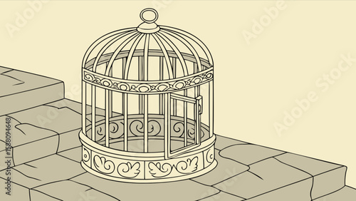 Vintage birdcage vector illustration open door ornate design cage antique style metalwork drawing graphic art