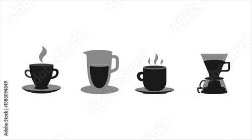 black silhouette icon pack that showcases a coffee cup with a saucer, a herbal tea glass, a to-go cup, a drip coffee maker, and a tea infuser