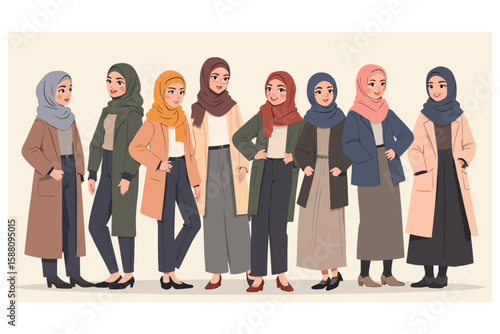 Cartoon Women Wearing Headscarves and Coats Illustration