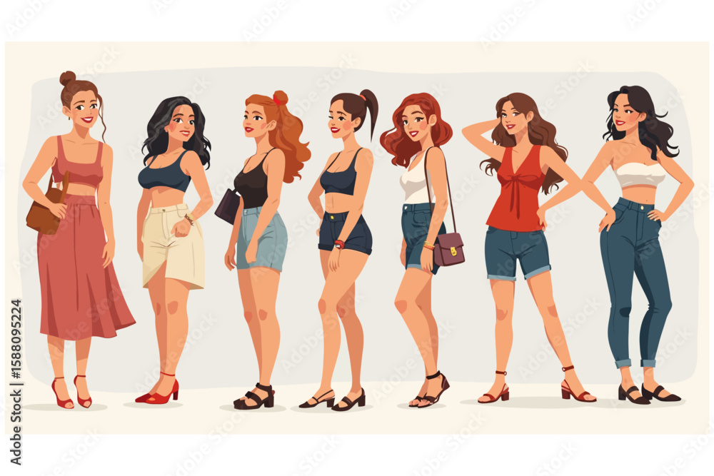 Fototapeta premium Cartoon Women in Summer Clothing Lineup with Bags and Shoes