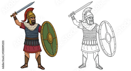Hittite Soldier Coloring Page with Detailed Colored and Outline Ancient Uniform