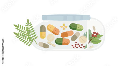 Natural medicine and supplements in jar for health and wellness concepts and alternative herbal treatment