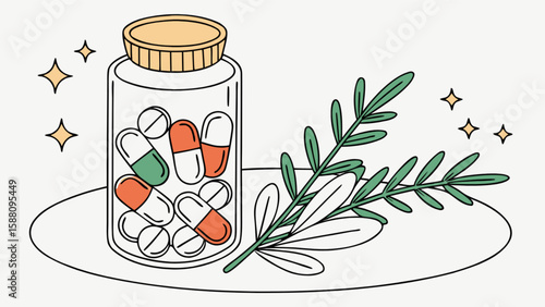 Illustration of medicine bottle with pills and herbal remedy for health and wellness concept art
