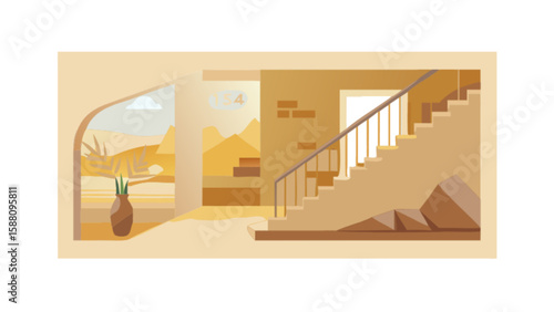 Interior design illustration with staircase desert view and plant pot in minimalist style home decor art