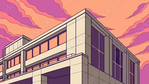 Modern architecture building design with sunset sky and clouds vector illustration for web and print design