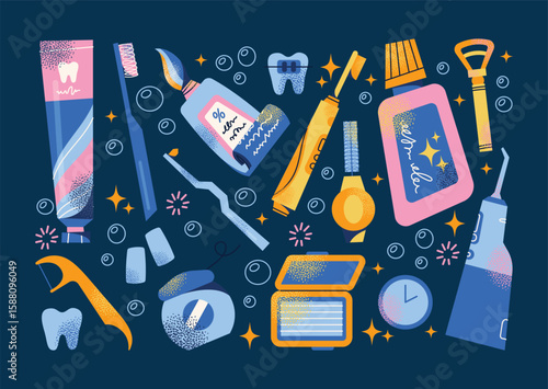 Dental hygiene tools set toothbrush, toothpaste, floss, interdental brush, toothpaste tube, irrigator, and mouthwash. Flat vector illustration in cartoon style. Dental care and hygiene concept