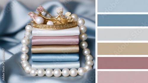 Collection of folded fabric swatches arranged artistically with decorative elements on a soft satin surface