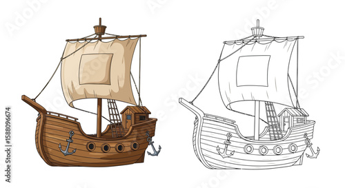 Medieval Cog Ship Coloring Page with Colored and Outline Styles Historical Vessel Art