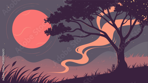 Beautiful landscape illustration of a full moon night with trees and grass vector design 100