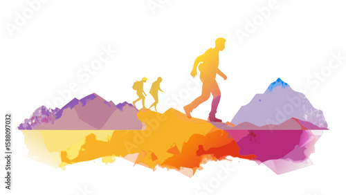 Hiking adventure and mountain climbing with colorful landscape and hiker silhouettes for outdoor enthusiasts