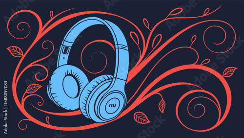 Stylish blue headphones with floral design for music lovers and audio enthusiasts illustration vector art