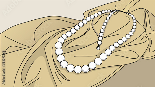 Elegant pearl necklace jewelry fashion accessory on draped fabric beautiful luxury vintage style aesthetic 100 char