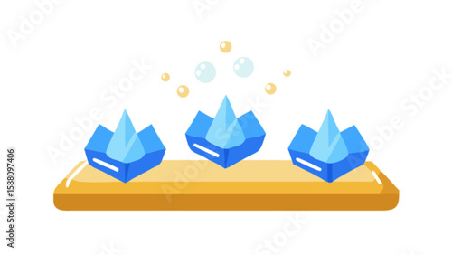 Three crystal gems on a golden platform with bubble accents digital art illustration design concept