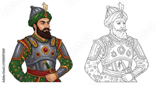 Mughal General Coloring Page with Detailed Colored and Outline Uniform Imperial Figure