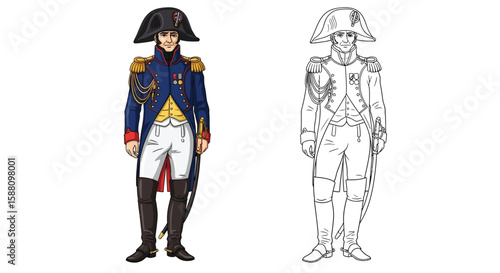 Napoleonic Era General Coloring Page with Detailed Colored and Outline Style Historical Uniform