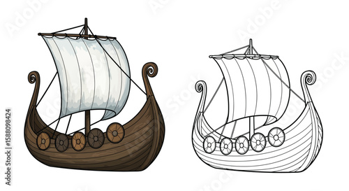 Nordic Knarr Cargo Ship Coloring Page with Detailed Colored and Outline Variants Viking History