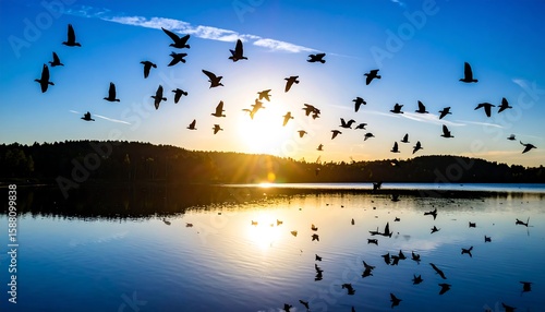 Birds fly over a lake at sunrise