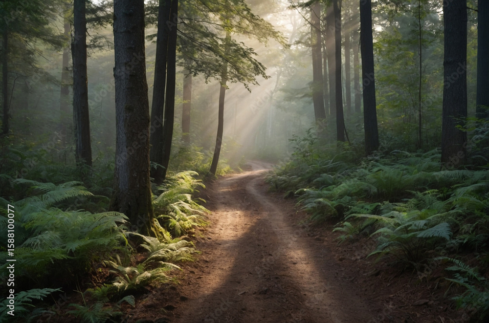 Fototapeta premium A narrow dirt path winding gently through a misty forest with soft morning light filtering between tall trees creating a peaceful natural atmosphere framed by subtle fog layers and