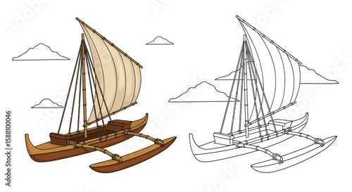 Polynesian Outrigger Canoe Coloring Page with Detailed Realistic and Outline Indigenous Seafaring