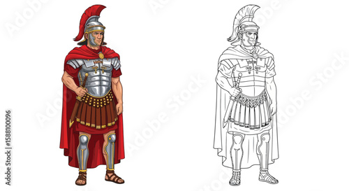 Roman General Coloring Page with Colored and Outline Uniform Ancient Military Leader Art