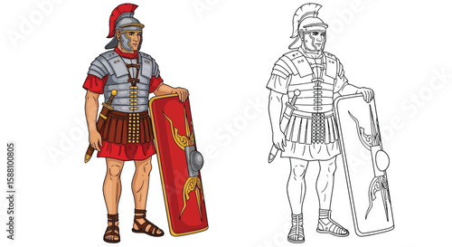 Roman Legionary Coloring Page with Detailed Realistic and Outline Ancient Roman Military