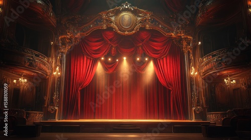 Grand theater stage with red velvet curtain and ornate baroque architecture.
