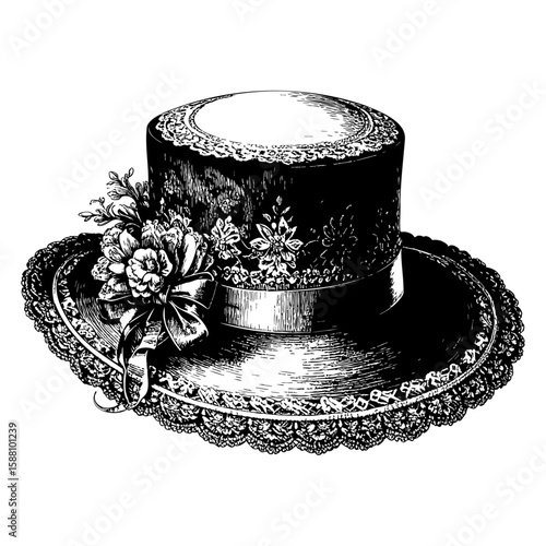 Victorian Lady’s Floral Hat – Vintage Engraving Illustration