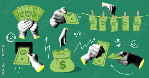 Halftone hands holding paper money. Set of modern collage elements. Concepts of financial, economics and savings. Money investments. Paper clippings. Bag of money, counting income
