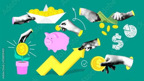 Set of halftone hands holding coins. Money concept. Modern collage Concepts of financial, economics and savings. Throw coin into piggy bank, sales chart, capital growth