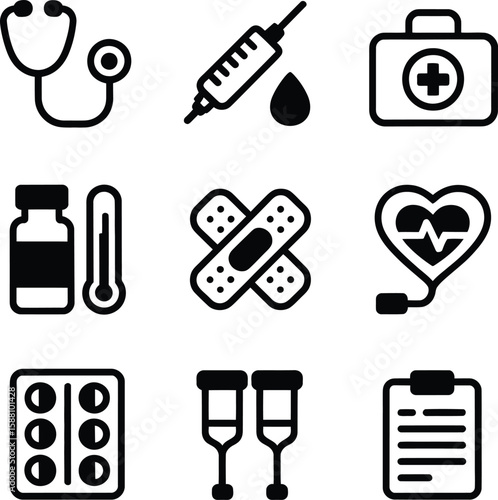 Collection of medical icons including stethoscope syringe thermometer bandage and crutches