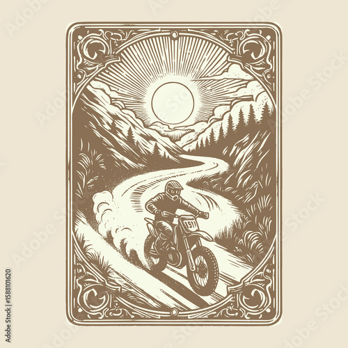 classic motorcycle climbs highland curve in worn vector print

