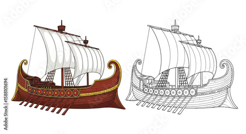 Roman War Galley Coloring Page with Detailed Full Color and Outline Ancient Naval History