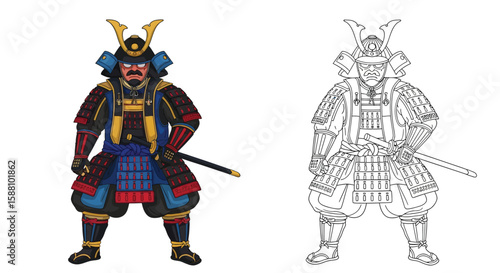 Samurai General Coloring Page with Colored and Outline Armor Japanese Military Art