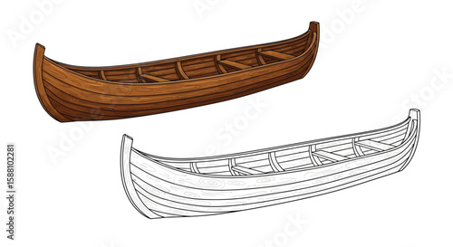 Slavic Monoxylon Boat Coloring Page with Realistic and Outline Format Ancient Watercraft Art