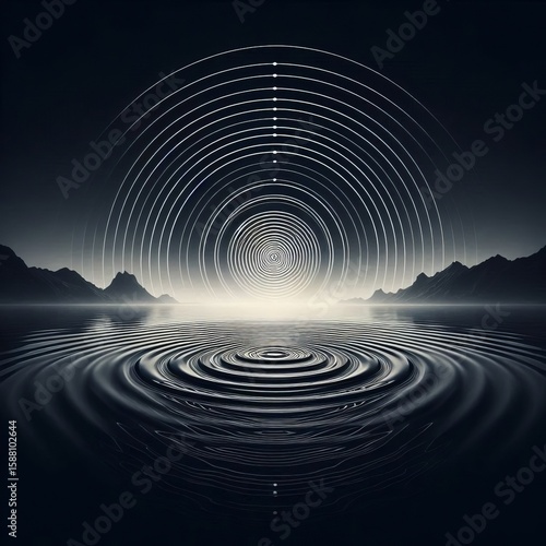 A ripple effect of concentric circles spreading across a still b