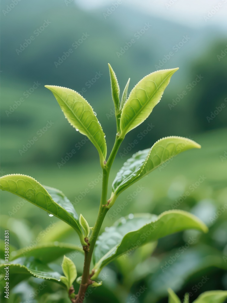 A tea branch with water droplets shows the natural and fresh beauty against the backdrop of a tea field and distant mountains.
A tea branch with water droplets shows the natural and fresh beauty against the backdrop of a tea field and distant mountains.