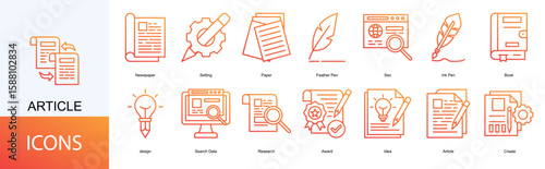 article icon collection set. Containing Newspaper, Setting, Paper, Feather Pen, Seo icon