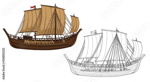 Southeast Asian Balangay Ship Coloring Page with Colored and Outline Versions Indigenous