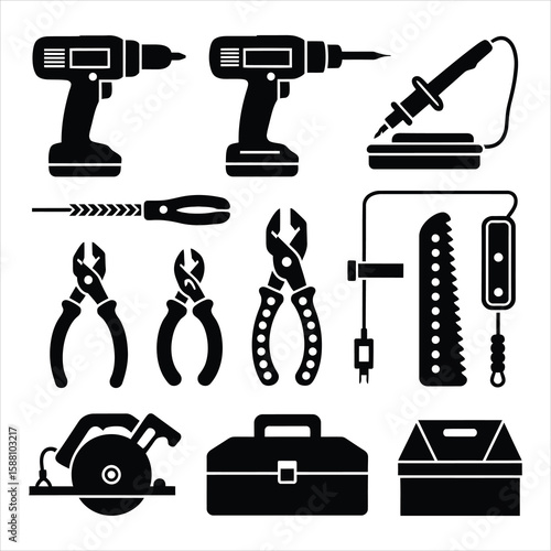 Black silhouette tools and toolboxes drill soldering iron