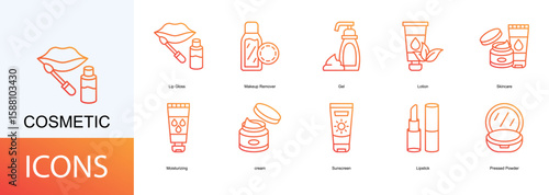 cosmetic icon collection set. Containing Lip Gloss, Makeup Remover, Gel, Lotion, Skincare icon